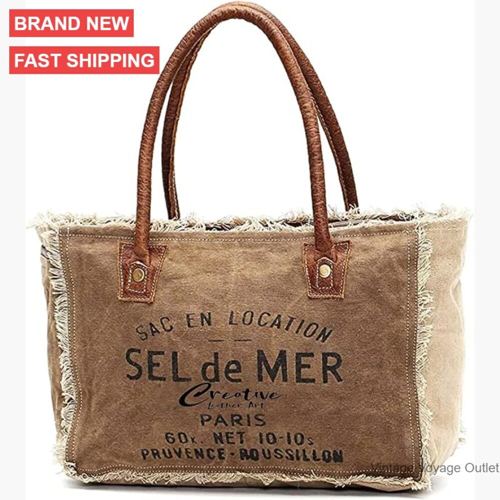 Canvas Beach Tote Bag in Tan with Leather Handles
